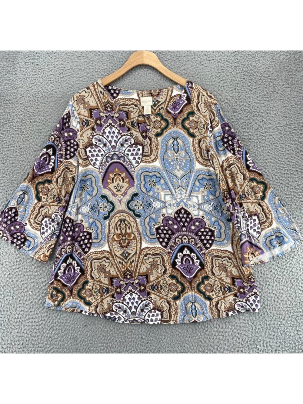 Chicos Top Womens 2 US Large Blue Multi Fancy Filigree Keyhole Neck 3/4 Sleeve
